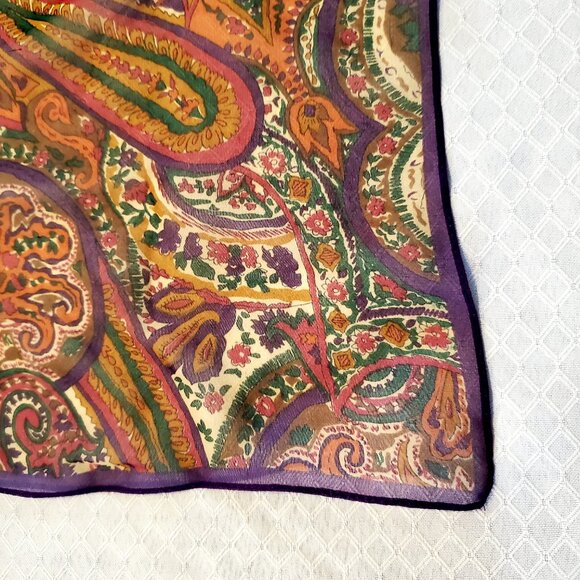 NWT 100% SILK Purple Brown Paisley Women's Scarf Multi-colour Earthy Square 36" - Picture 3 of 6